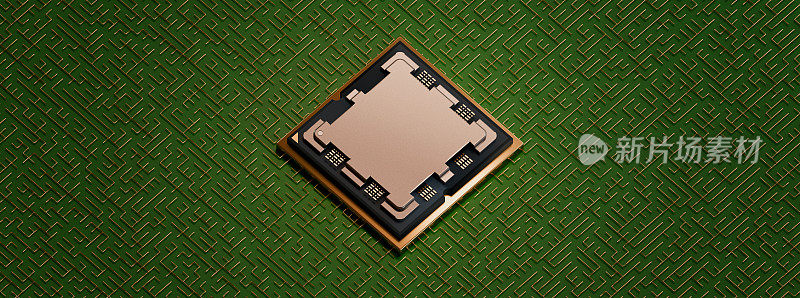 AMD Ryzen 9 AM5在迷宫般的绿电路板电路与铜线，正射视图，3D渲染